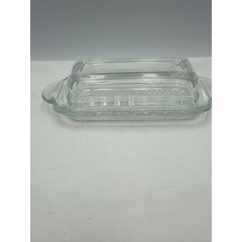Vintage Glass Butter Dish Clear Rectangular Scalloped Diamond Starburst Pattern